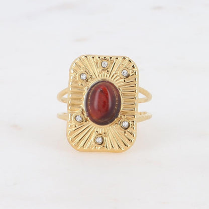 Bague rectangle réglable avec pierre naturelle et strass - Œil de tigre