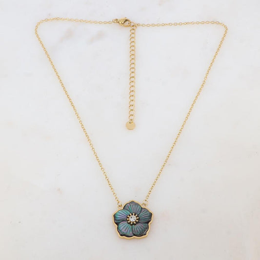 Collier avec pendentif fleur en nacre, strass (39+7CM)