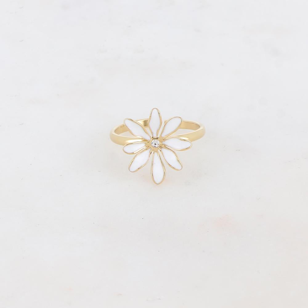 Bague fine avec fleur et strass - Blanc