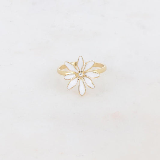 Bague fine avec fleur et strass - Blanc