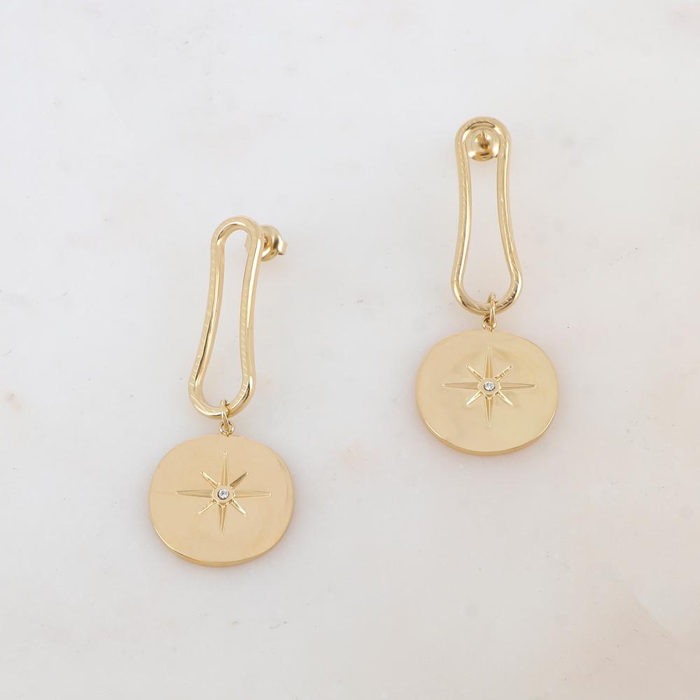 B.O à puce pendantes avec pièce ronde lisse, étoile et strass 2,2 x 5,7 cm.