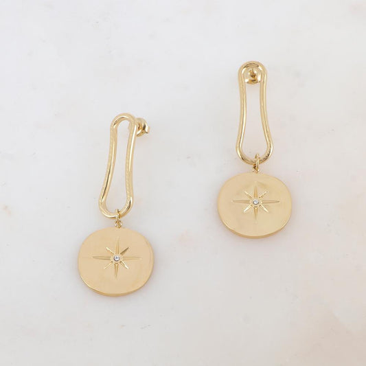 B.O à puce pendantes avec pièce ronde lisse, étoile et strass 2,2 x 5,7 cm.