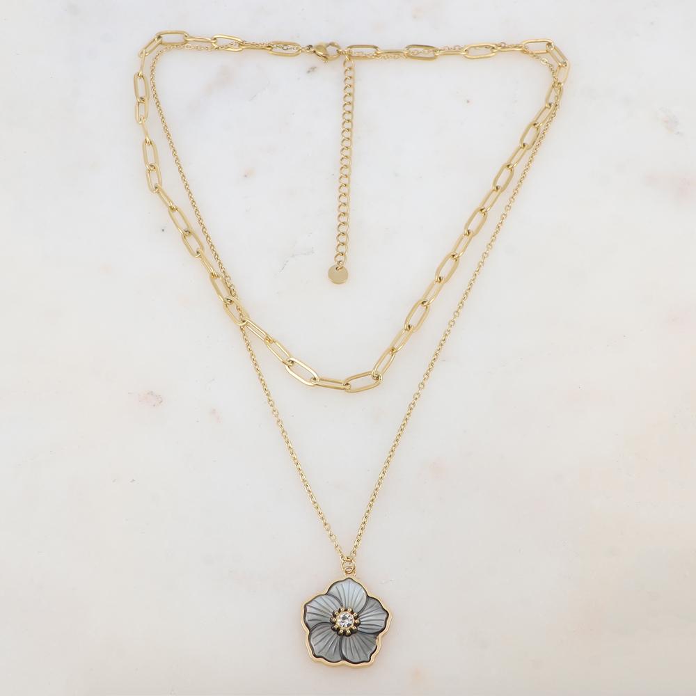 Collier 2 rangs avec maille, pendentif fleur en nacre, strass (38/42+7CM)