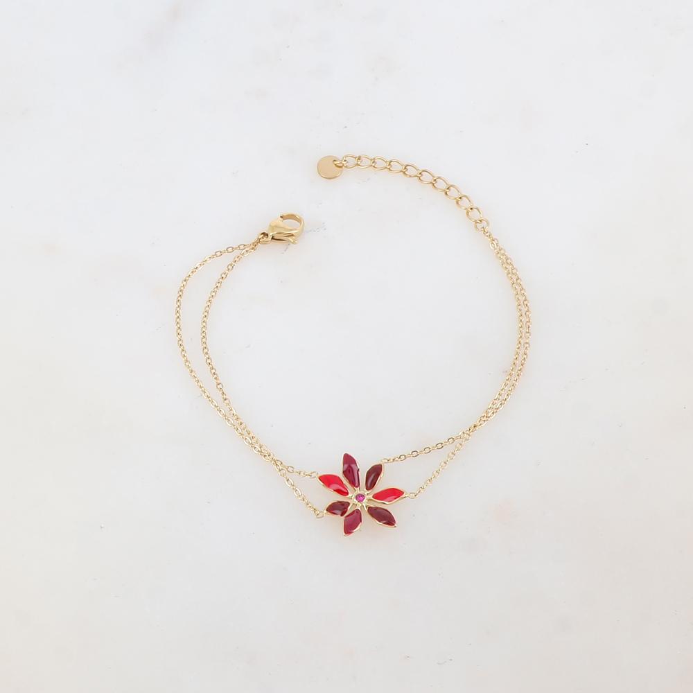Bracelet deux rangs avec pendant fleur émaillée et strass