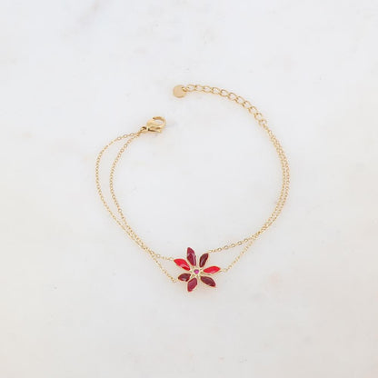Bracelet deux rangs avec pendant fleur émaillée et strass