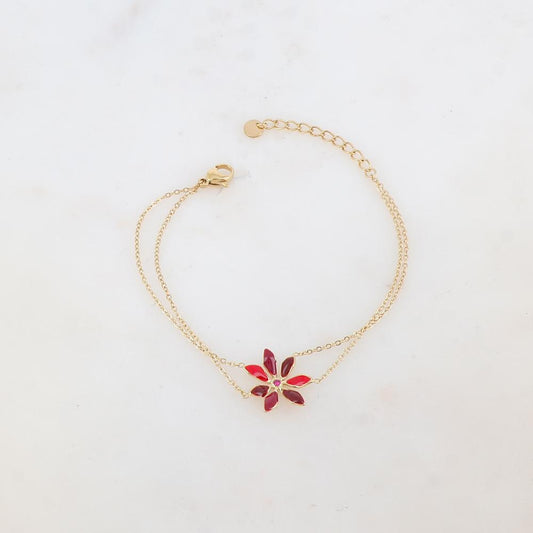 Bracelet deux rangs avec pendant fleur émaillée et strass