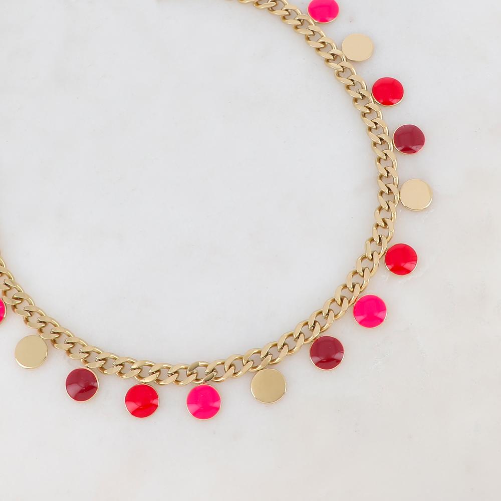 Collier en maille gourmette doré embelli de pampilles rondes émaillées rouges 38+5 cm