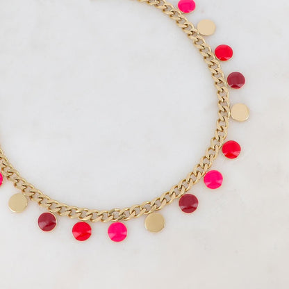 Collier en maille gourmette doré embelli de pampilles rondes émaillées rouges 38+5 cm
