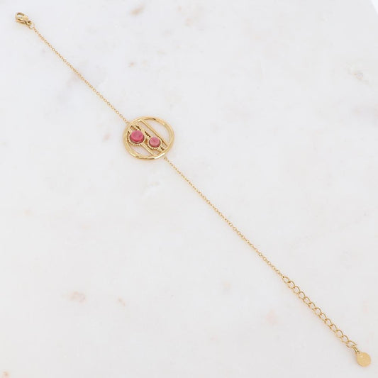 Bracelet avec pièce ronde ajourée, pierres naturelles - Rhodonite