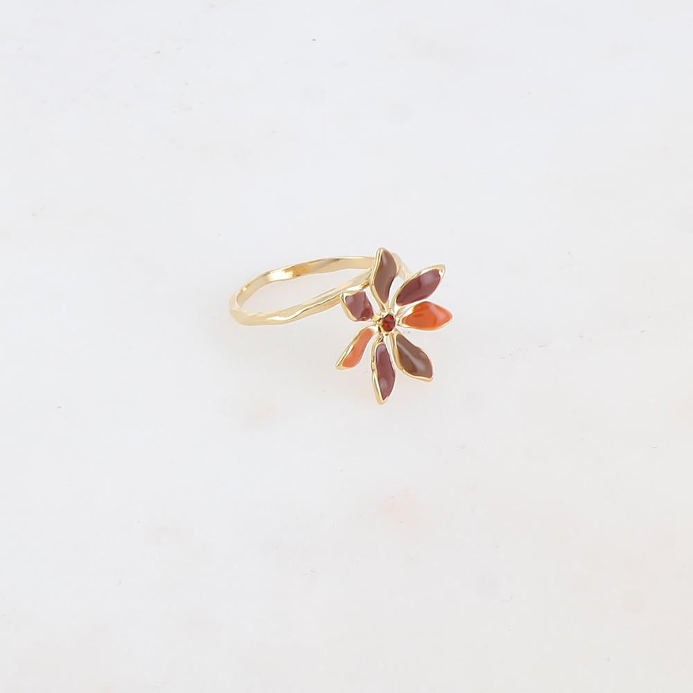 Bague fine avec fleur émaillée et strass - Rouge