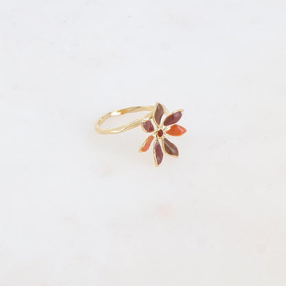 Bague fine avec fleur émaillée et strass - Rouge