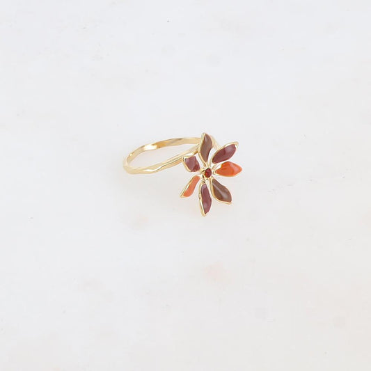 Bague fine avec fleur émaillée et strass - Rouge