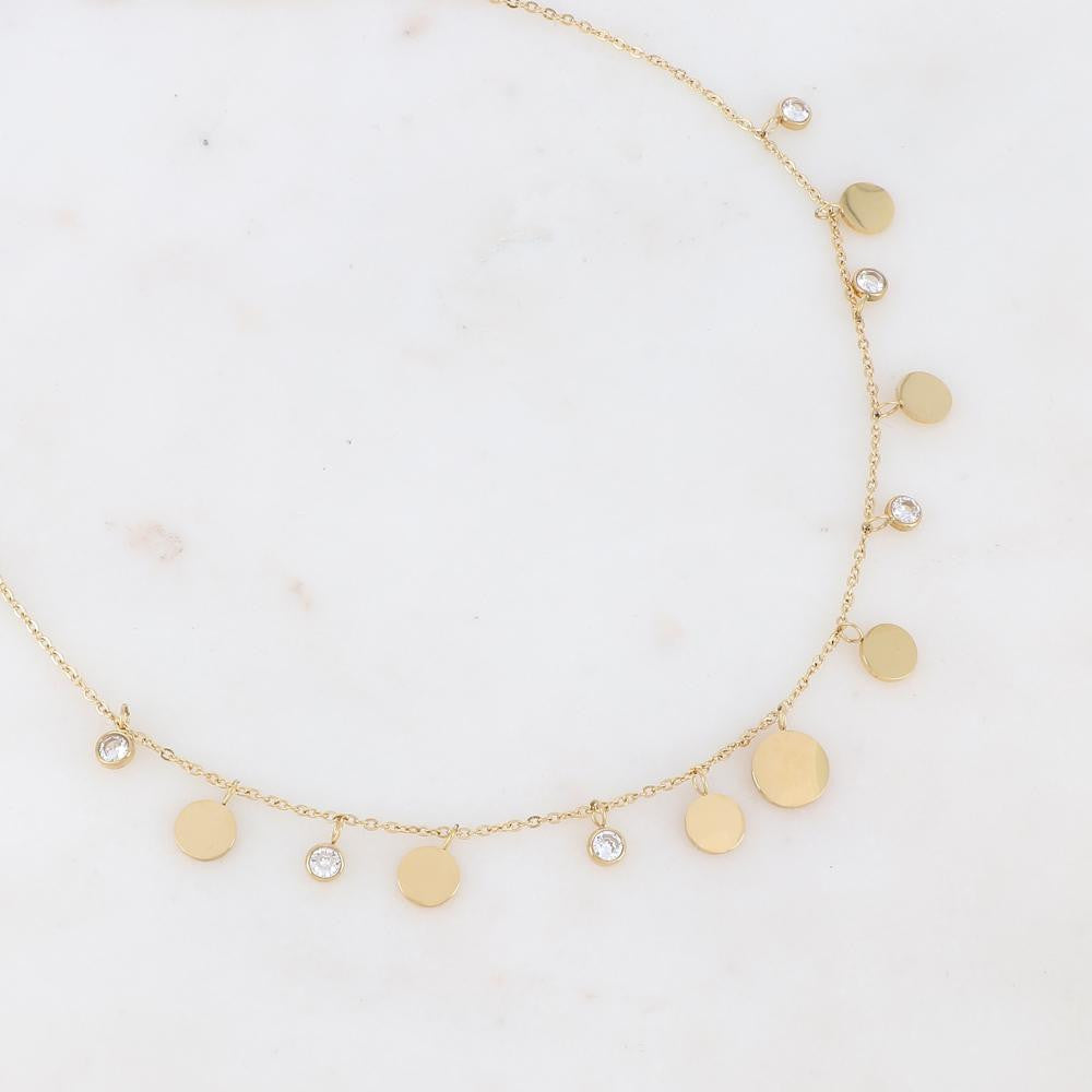 Collier doré avec pampilles rondes et strass blancs 40+5 cm