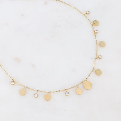 Collier doré avec pampilles rondes et strass blancs 40+5 cm