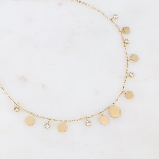 Collier doré avec pampilles rondes et strass blancs 40+5 cm