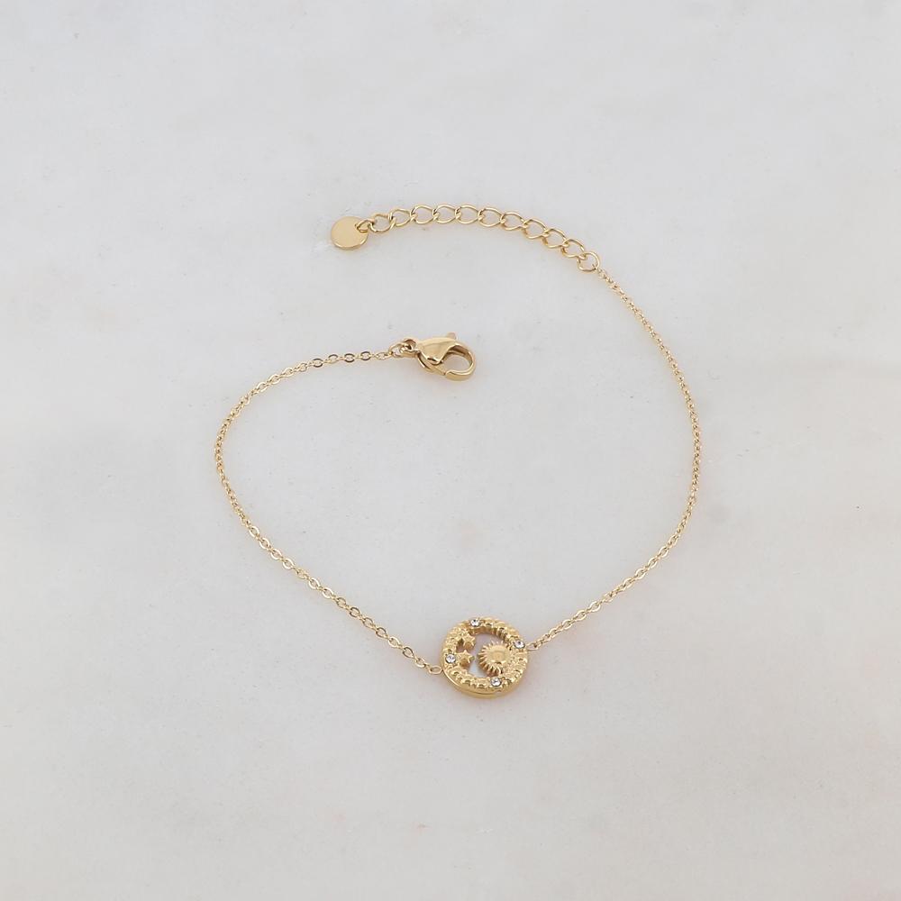 Bracelet avec pièce ronde, nacre, soleil, étoiles, strass