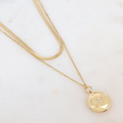 Collier 2 rangs avec maille miroir, pendentif rond, étoile et strass blanc (40/50+7CM)