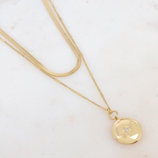 Collier 2 rangs avec maille miroir, pendentif rond, étoile et strass blanc (40/50+7CM)