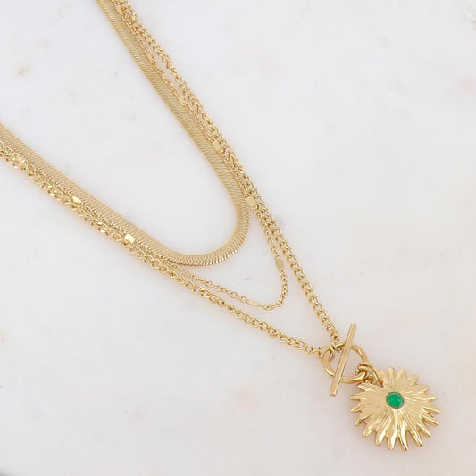 Collier 3 rangs avec maille miroir, pendentif feuillage et pierre naturelle (38/44/55+7CM)