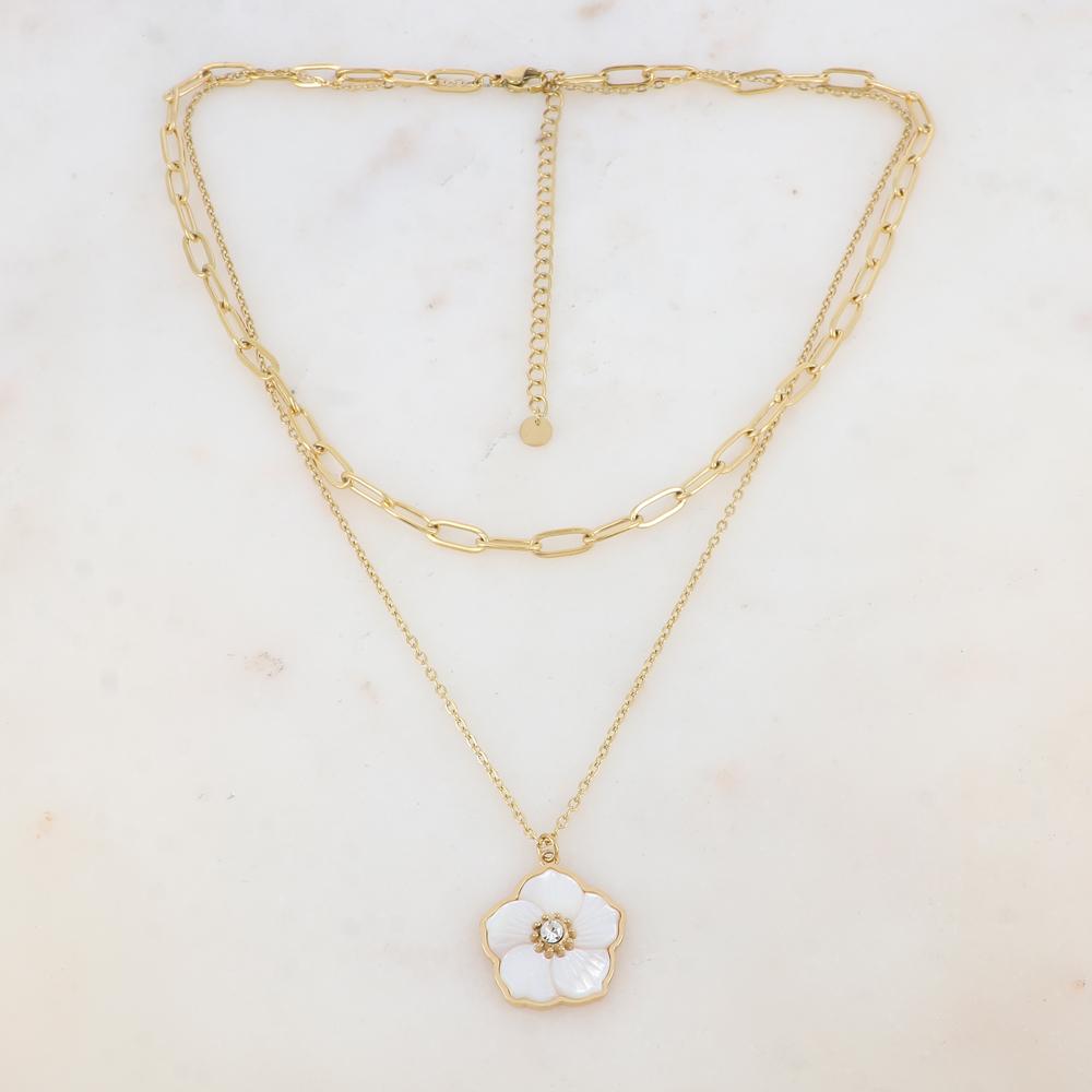Collier 2 rangs avec maille, pendentif fleur en nacre, strass (38/42+7CM)