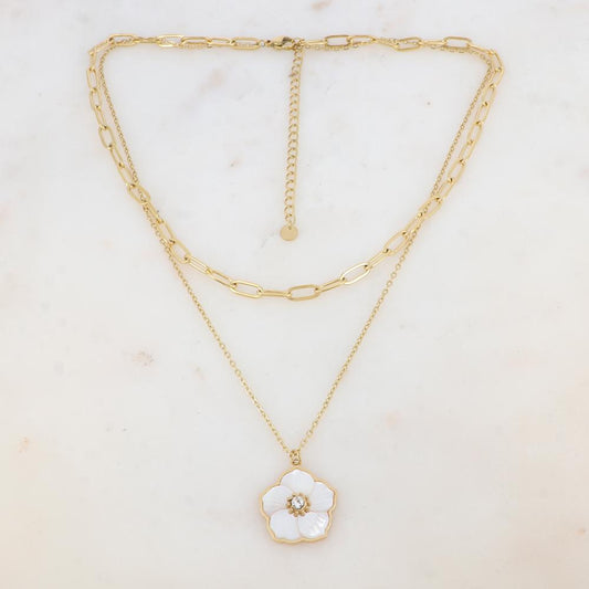 Collier 2 rangs avec maille, pendentif fleur en nacre, strass (38/42+7CM)