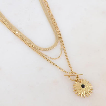 Collier 3 rangs avec maille miroir, pendentif feuillage et pierre naturelle (38/44/55+7CM)