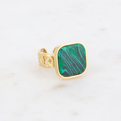 Bague en maille plate ornée d'une pierre reconstituée carrée - Malachite