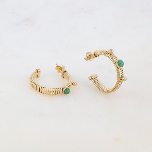 Créoles à puce rainurées avec 2 petites boules et 1 pierre naturelle ronde 2,7 x 3 CM.