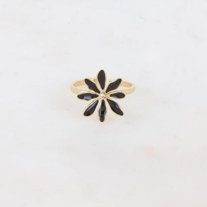 Bague fine avec fleur et strass - Noir