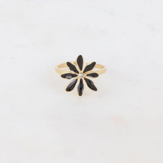 Bague fine avec fleur et strass - Noir