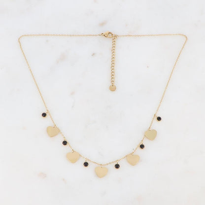 Collier doré composé de pendants cœur et de strass noirs 41+5 cm