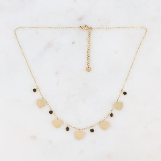 Collier doré composé de pendants cœur et de strass noirs 41+5 cm