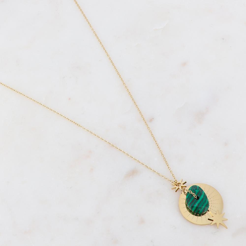 Collier sur chaîne composé d'une pampille et d'une pierre naturelle malachite 40+5 cm