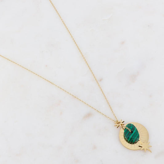 Collier sur chaîne composé d'une pampille et d'une pierre naturelle malachite 40+5 cm
