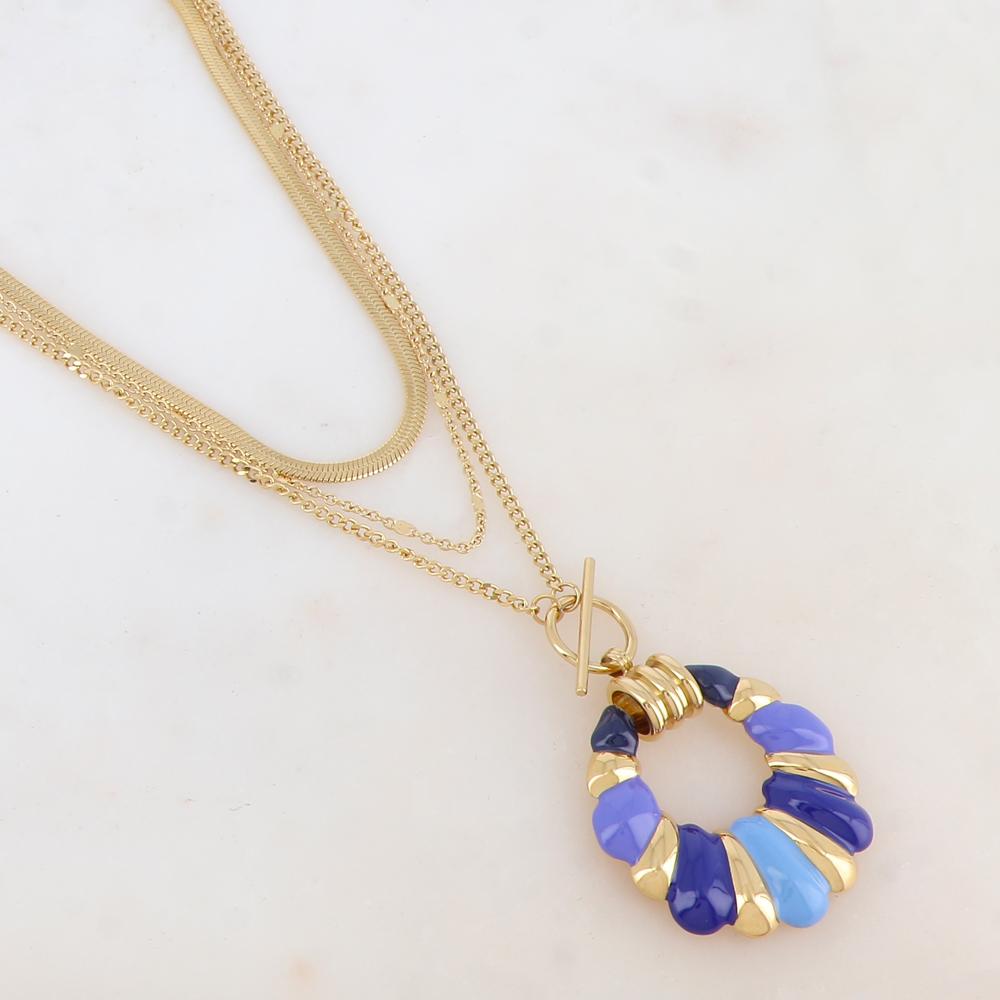 Collier 3 rangs avec maille miroir et pendentif émaillé (38/40/50+7CM)