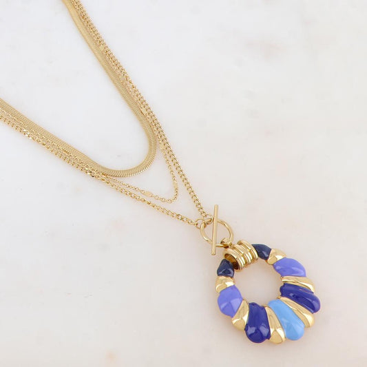 Collier 3 rangs avec maille miroir et pendentif émaillé (38/40/50+7CM)