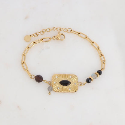 Bracelet avec pièce rectangulaire strass et pierres naturelles