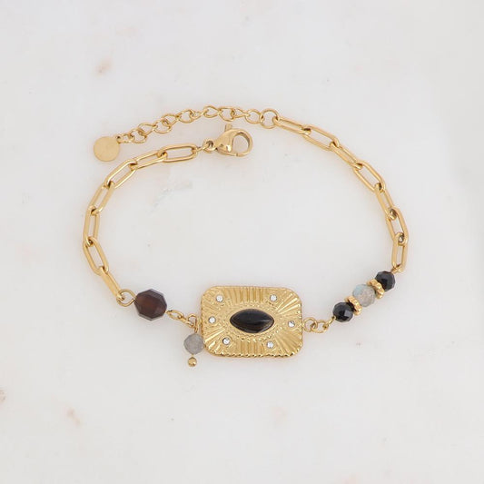 Bracelet avec pièce rectangulaire strass et pierres naturelles