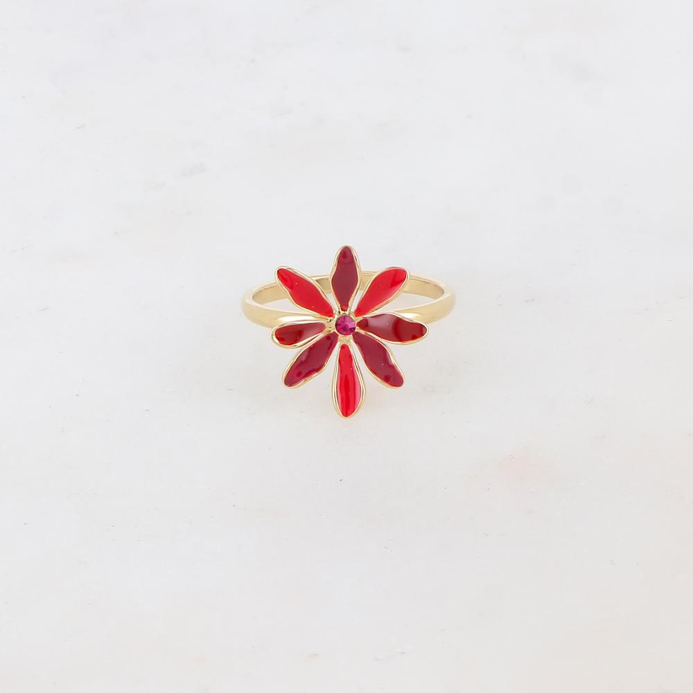 Bague fine avec fleur et strass - Bordeaux mix