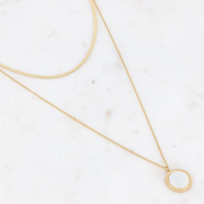 Collier 2 rangs avec une pampille ronde ornée d'une nacre blanche 39/56+7 cm