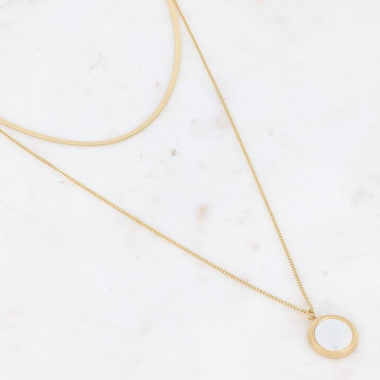 Collier 2 rangs avec une pampille ronde ornée d'une nacre blanche 39/56+7 cm