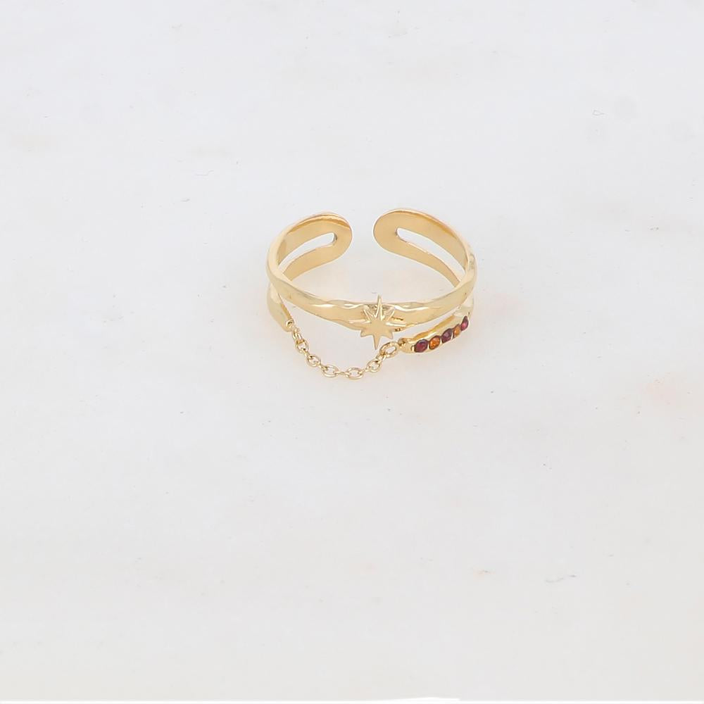 Bague 2 rangs avec chaîne, étoile et 5 strass