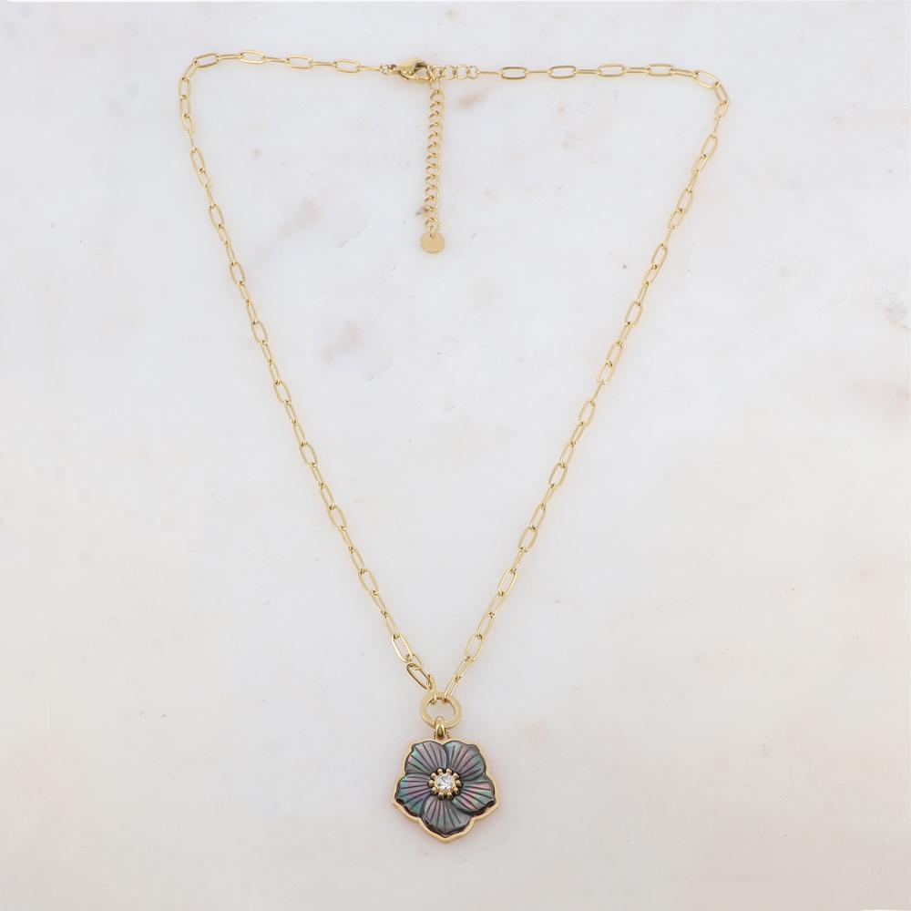 Collier avec pendentif fleur en nacre, strass (45+5CM)