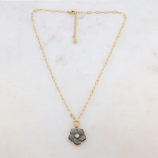 Collier avec pendentif fleur en nacre, strass (45+5CM)