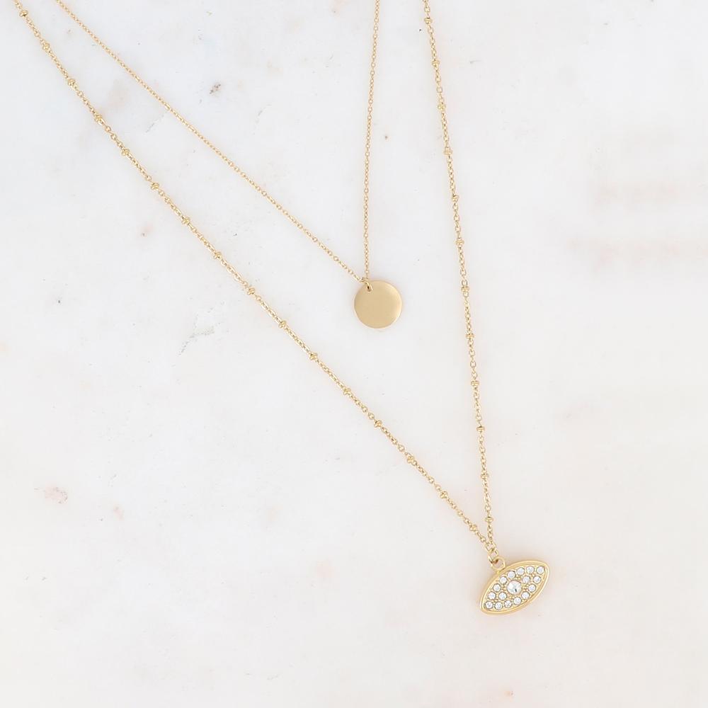 Collier 2 rangs - pastille ronde et œil avec oxydes de zirconium 44/57+5 cm