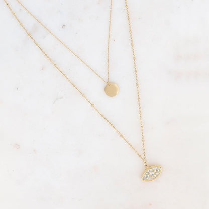Collier 2 rangs - pastille ronde et œil avec oxydes de zirconium 44/57+5 cm