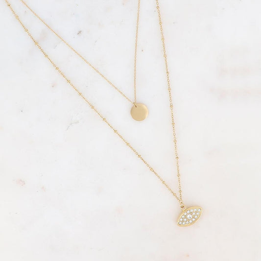 Collier 2 rangs - pastille ronde et œil avec oxydes de zirconium 44/57+5 cm