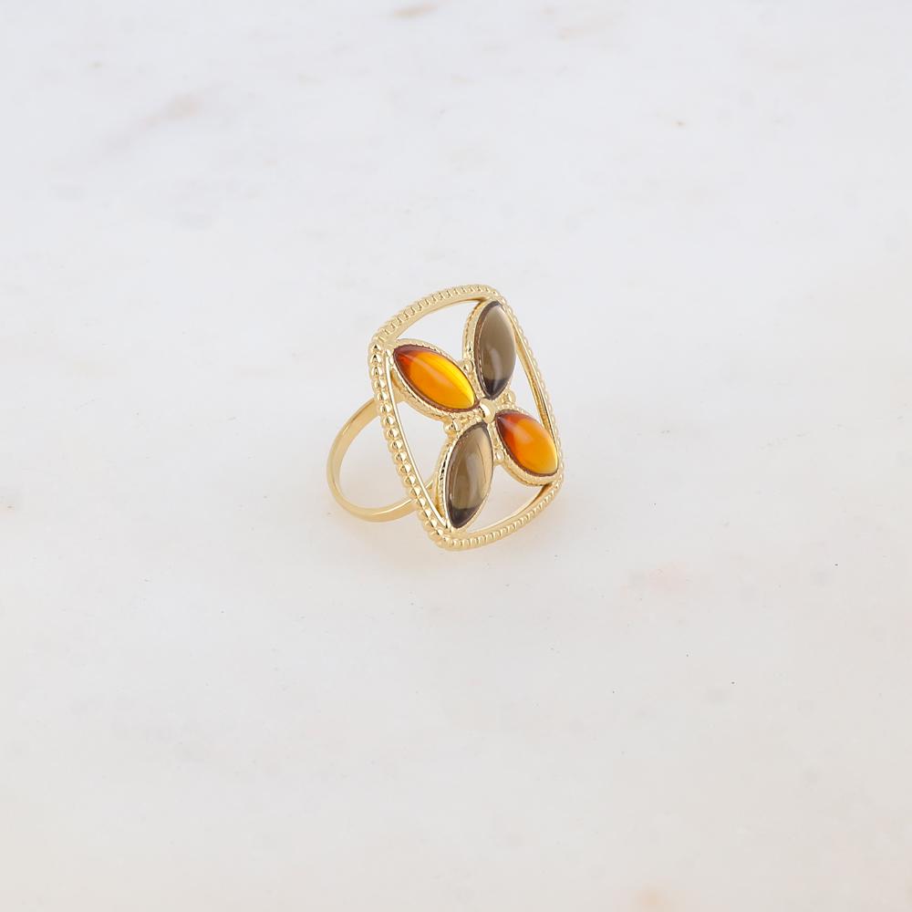 Bague fine avec anneau et 4 pâtes de verre - Marron