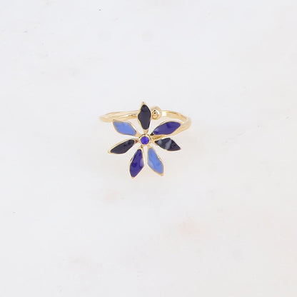 Bague fine avec fleur émaillée et strass - Bleu