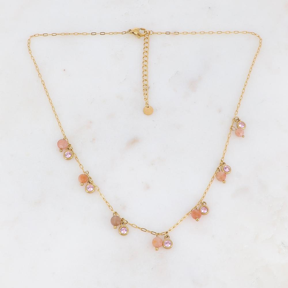 Collier doré embelli de pierres et de strass roses 38+5 cm